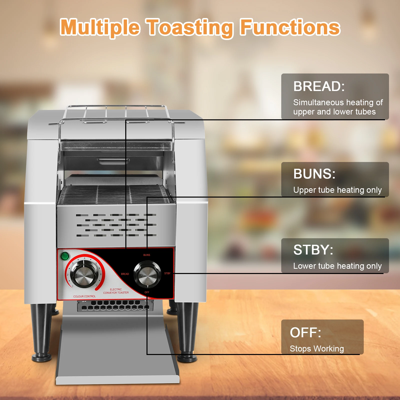 Tostadora transportadora comercial para restaurante, 150 rebanadas/hora, alta resistencia, descarga automática, 1300W