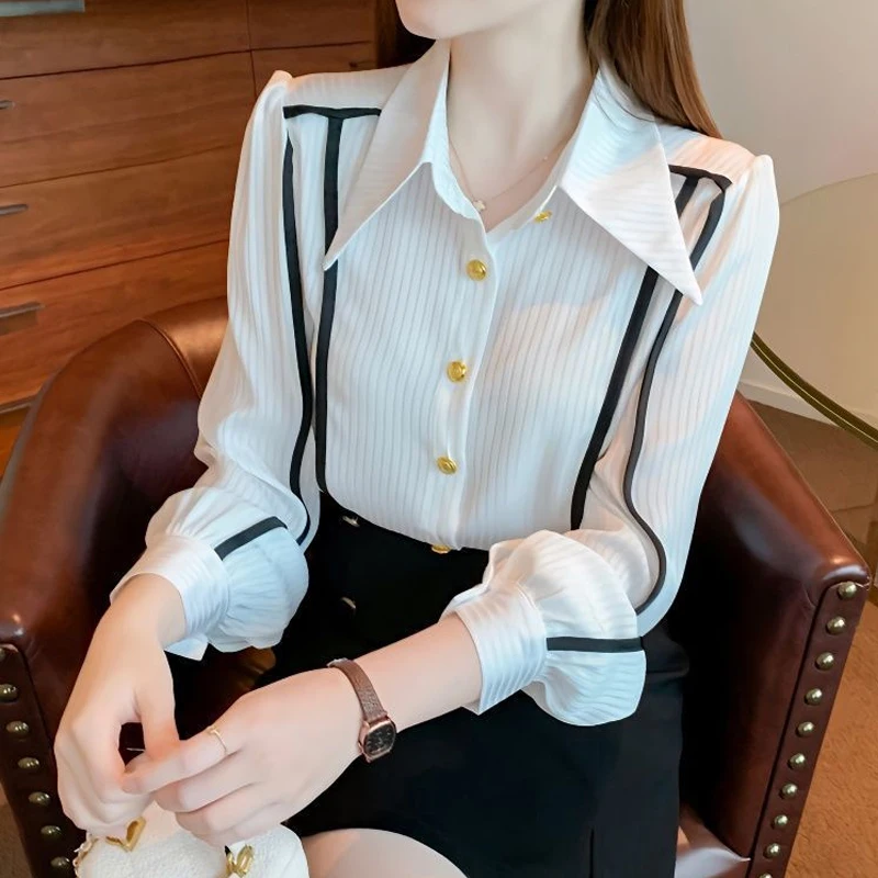Spring New Polo Neck Striped Patchwork Blouse Solid Contrast Long Sleeve Loose Office Shirt Tops Fashion Elegant Women Clothing