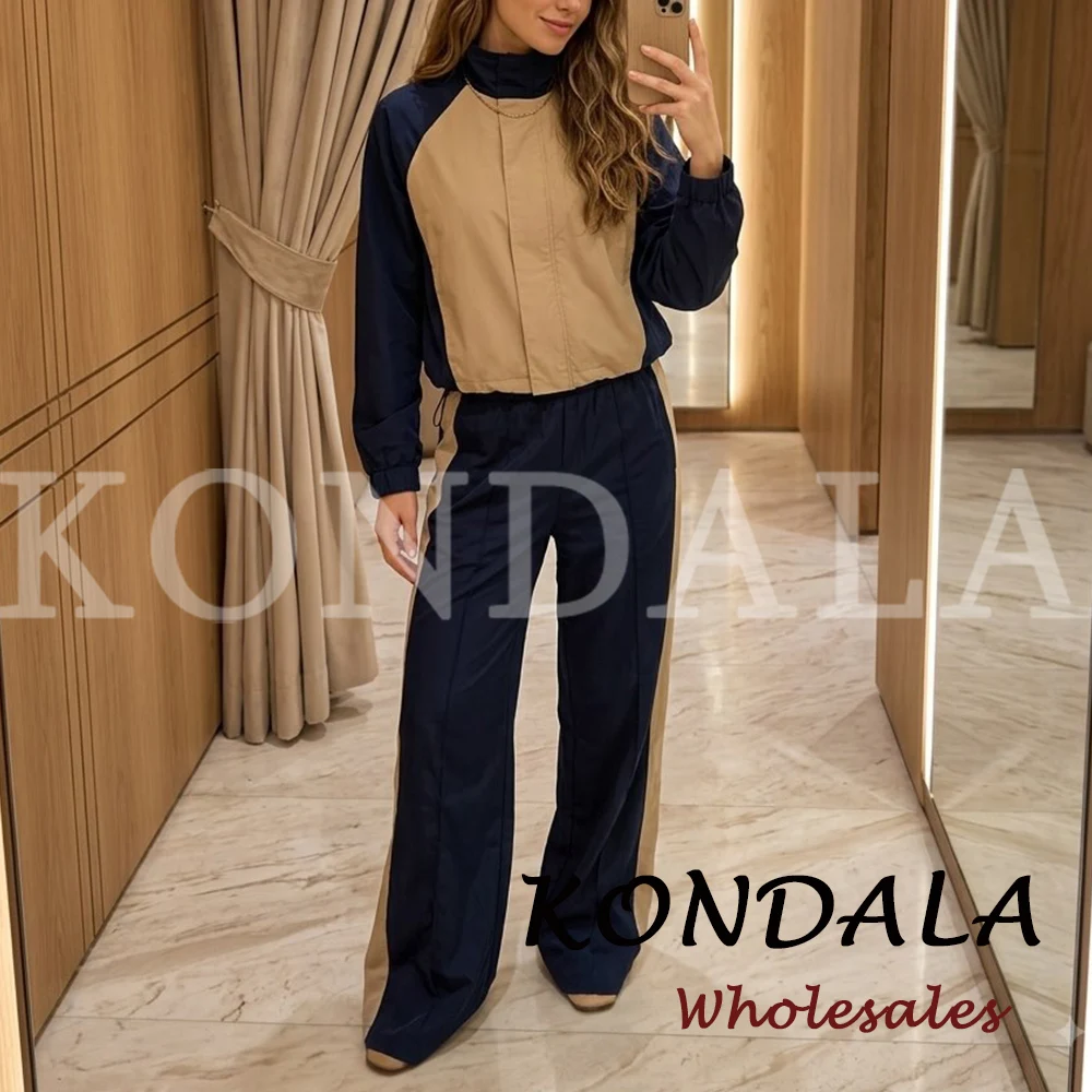 KONDALA Fashion 2026 Autumn Women Patchwork Casual Suit Zipper Oversize Jacket+Elastic Waist Long Pants Vintage Female Chic Suit