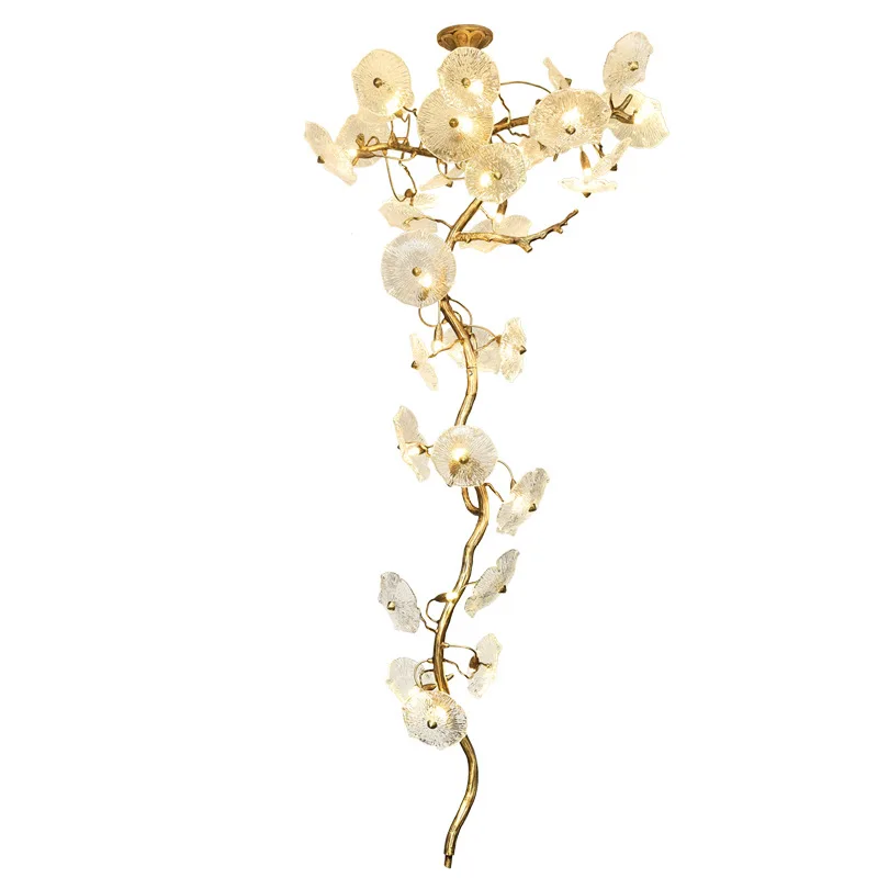 

Light luxury lotus leaf crystal chandelier, duplex staircase new Chinese-style villa living room hollow chandelier
