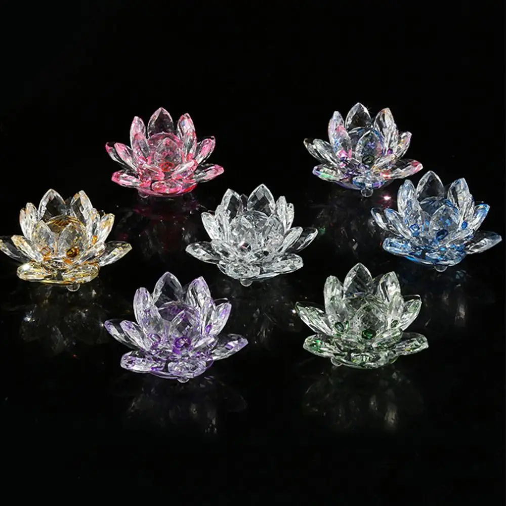 Hue Reflection Crystal Lotus Flower Anti-slip Sturdy Glass Lotus Feng Shui Decor Lucky Charm 3 Layers Crystal Flower Figurine