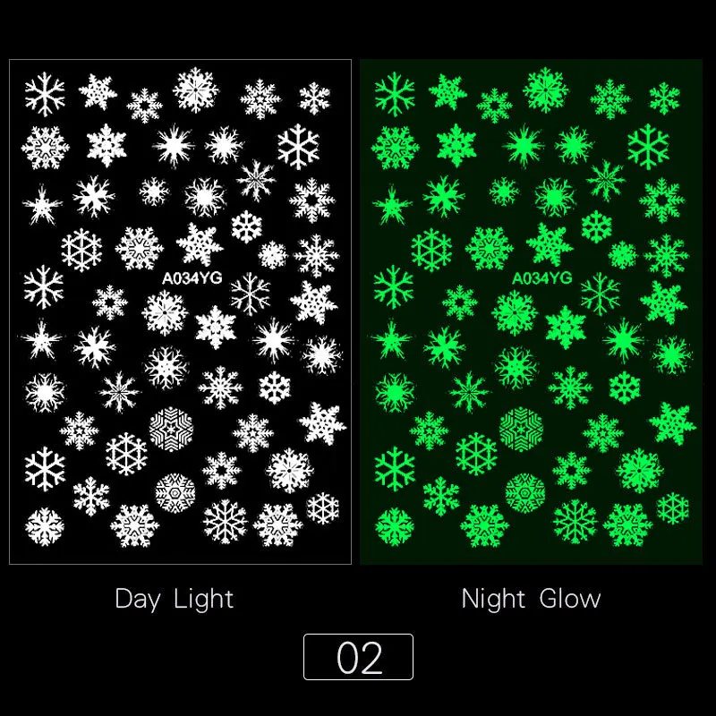 1 Sheet Luminous Effect Nail Sticker Christmas Snow Designs Butterfly Fire Slider Decals Nails Foil Manicure 3D Tips Decorations