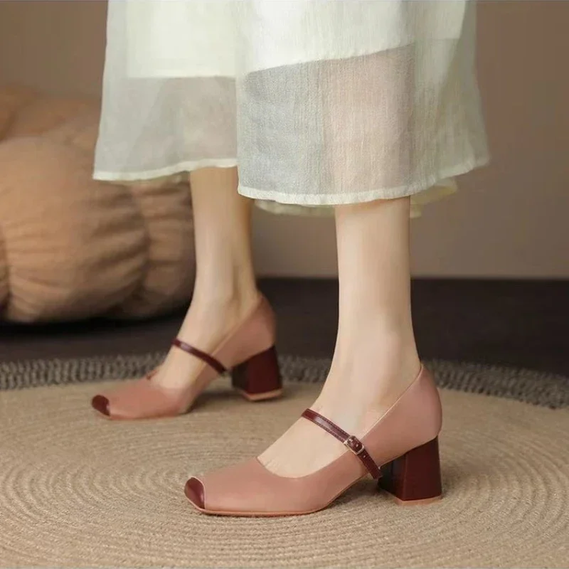 Women Spring Luxury Mary Jane Shoes Autumn Fashion Square Toe Shallow Ladies Elegant Dress Single Leather Shoes Square Heel Pump