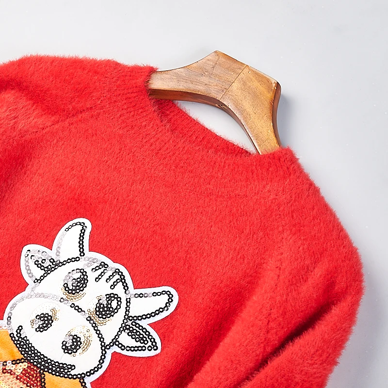 سترة محبوكة حمراء للنساء مستديرة Ne مطرزة Camere ربيع الخريف الشتاء زودياك التطريز Faion تخفيف Sle #3