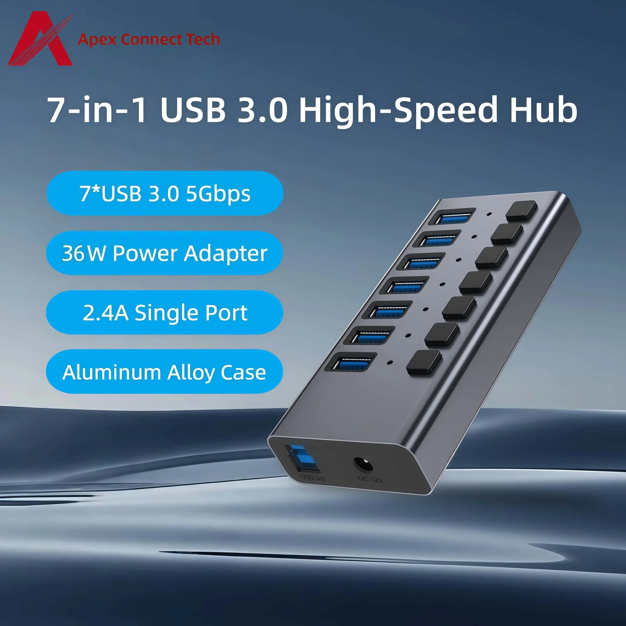 

USB Hub 3.0 5Gbps 7 Ports with Adapter 12V 7 in 1 On Off Switch with Power Supply Multiport USB Splitter Extension for PC Laptop