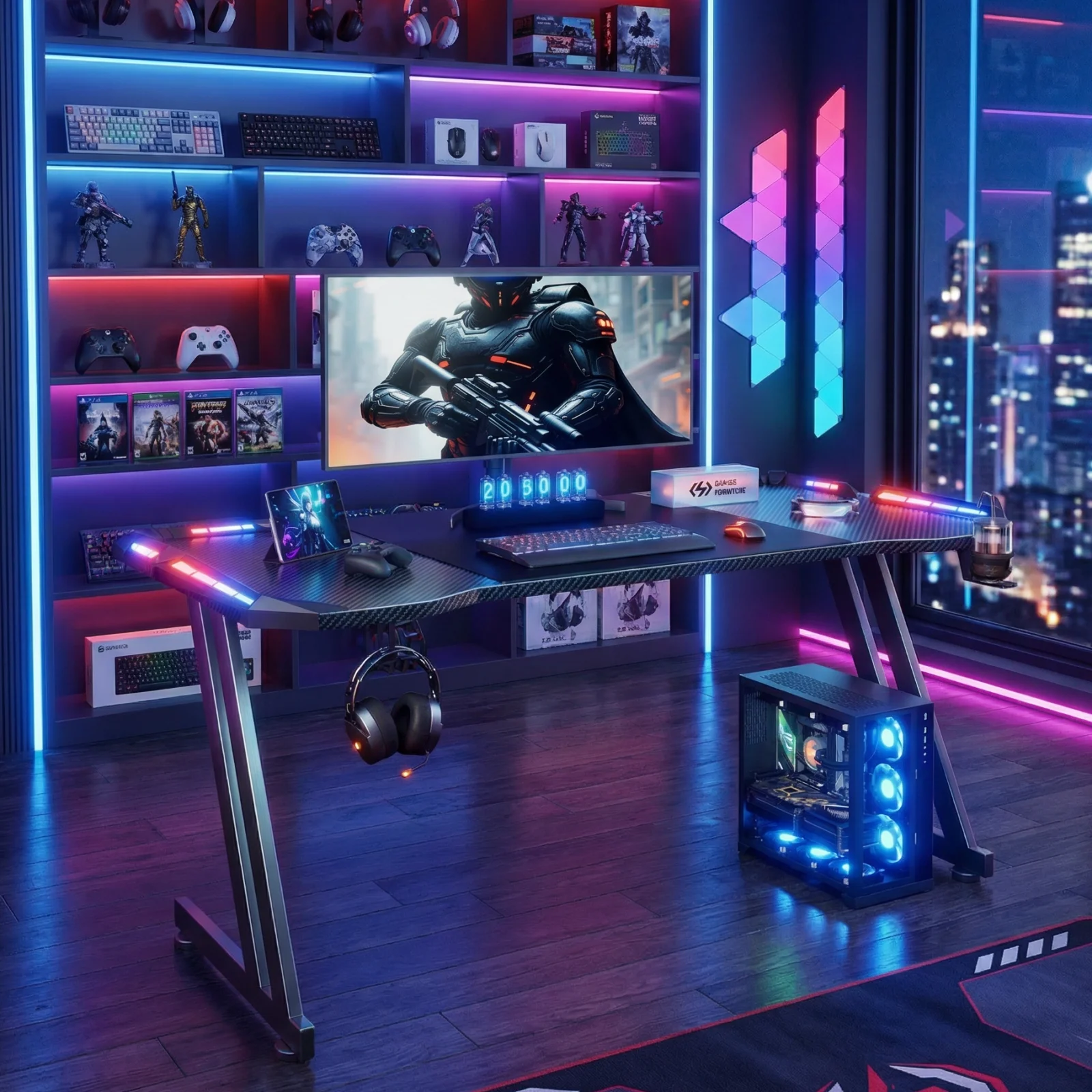 120/140/160cm Gaming Desk with LED Lights, Z Shaped Gaming Table with Cup Holder & Headphone Hook, Ergonomic Computer Table