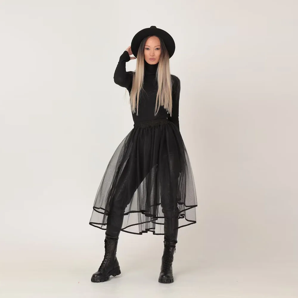 

Newest Black See Thru Women Tulle Maxi Skirts With Satin Egde Over Wrap Skirt Female Tutu Tulle Maxi Skirt