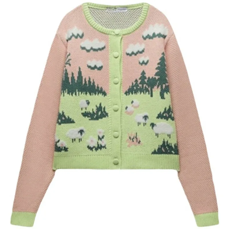 Cute Sheep Cartoon Knitted Cardigan Women Color Block O-Neck Cardigan Female Long Sleeved Knitted Loose Cardigan Autumn Winter