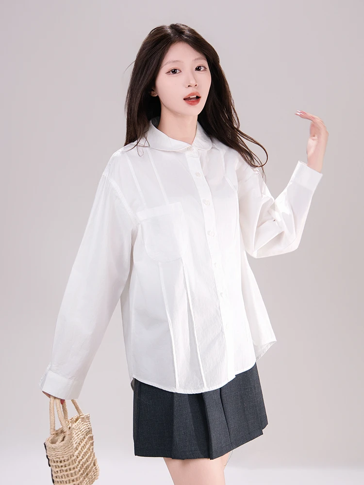 

Свободный женский топ с длинным рукавом, в японском студенческом стиле, из серии Art Wild, с плиссировкой «аккордеон» и белым квадратным воротником-шарфом, в стиле Lazy Top