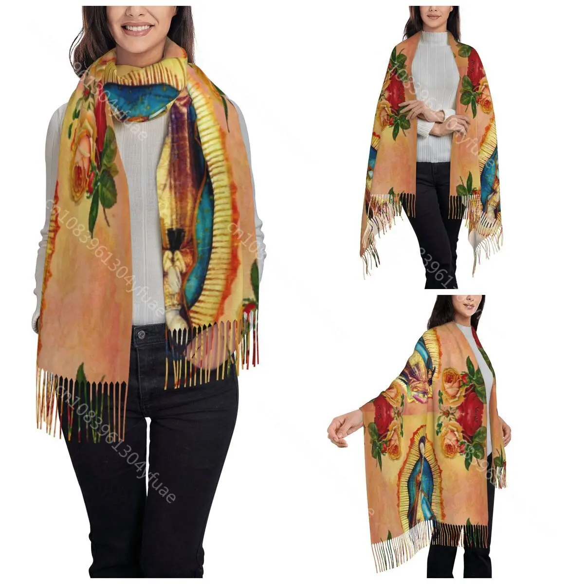 Womens Tassel Scarf Our Lady Of Guadalupe Virgin Mary Roses Long Soft Warm Shawl Wrap Reversible Cashmere Scarf