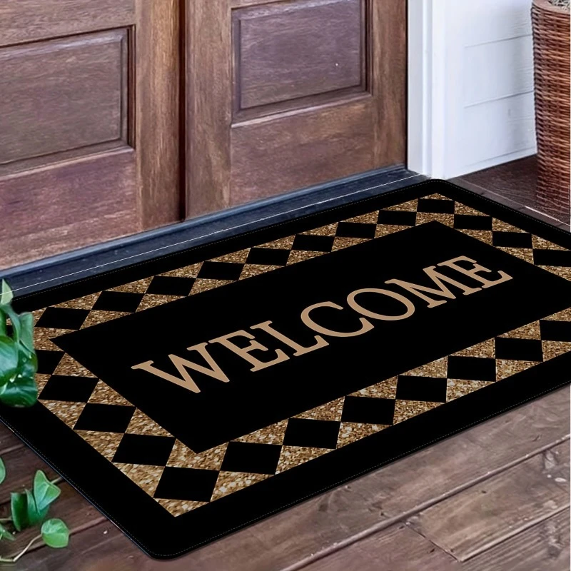 Grid Pattern Letter Printed Carpets Welcome Rugs Accessories Living Room Decoration Mats Bedroom Bedside Corridor Non Slip Mat