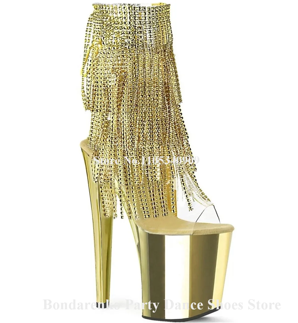 Bling Bling Luxury Rhinestones Chains Stiletto Short Boots Peep Toe PVC Patchwork Gold Silver High Platform 20cm Dance Shoes