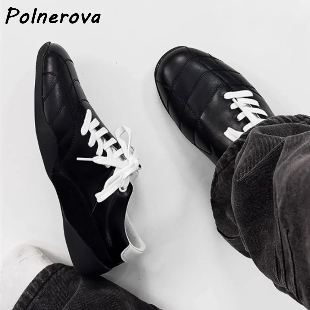 

Tilted Cross Tied Black Pumps Retro Flat with Round Toe Leather Sewing Outdoor Official Shoes Women's Concise Leisure Shoes