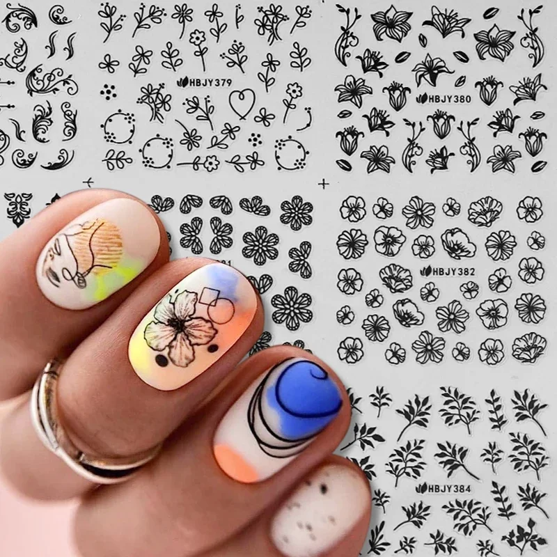 Flower Lace 3D Nail Stickers Mandala Flowers Black White Decals Slider Manicure Art Decoration DIY