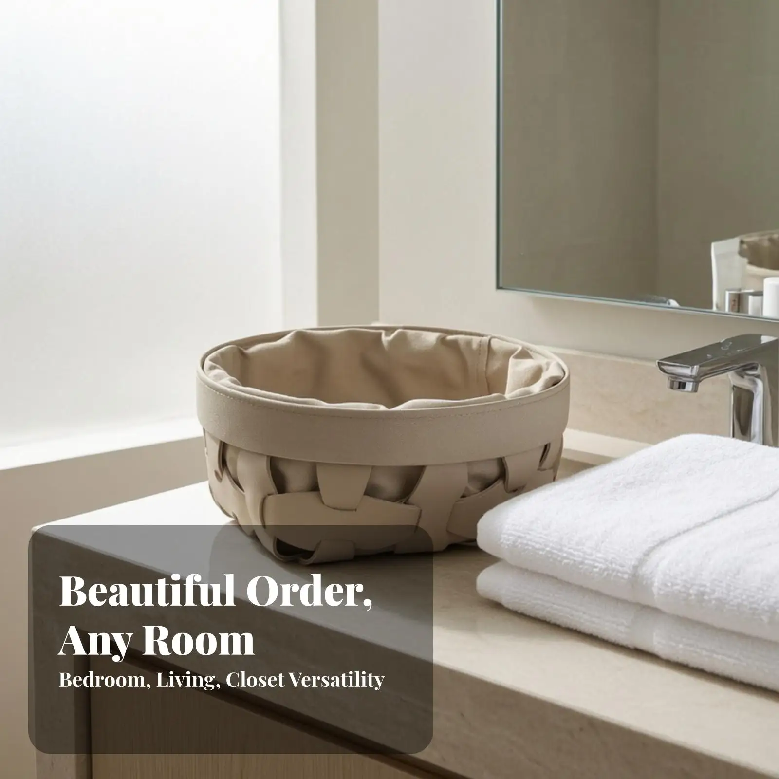 Beige Short Woven Organizer Basket for Laundry Storage with Linen Inner for Bathroom Bedside Table Decor