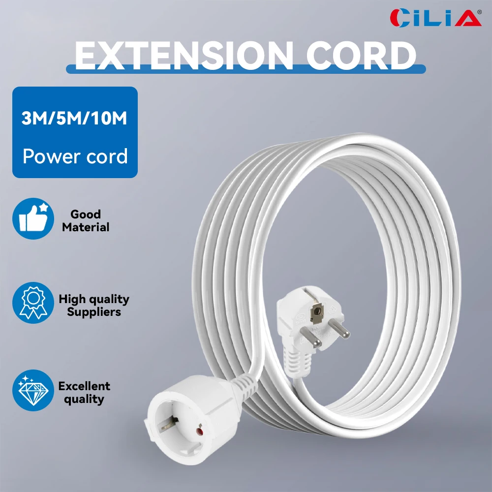 3680W EU Plug Extension Cord, Flat Head Protection Contact, 16A 250V 1 5mm² Cable, 3M 5M 10M Power Socket Line