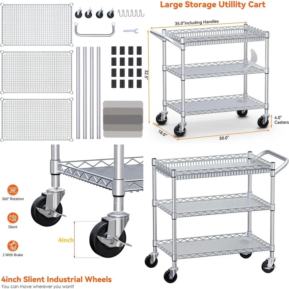 

Heavy-Duty 990Lbs Capacity Rolling Utility Cart with Wheels, Commercial Metal Cart for Kitchen & Restaurant, Silver