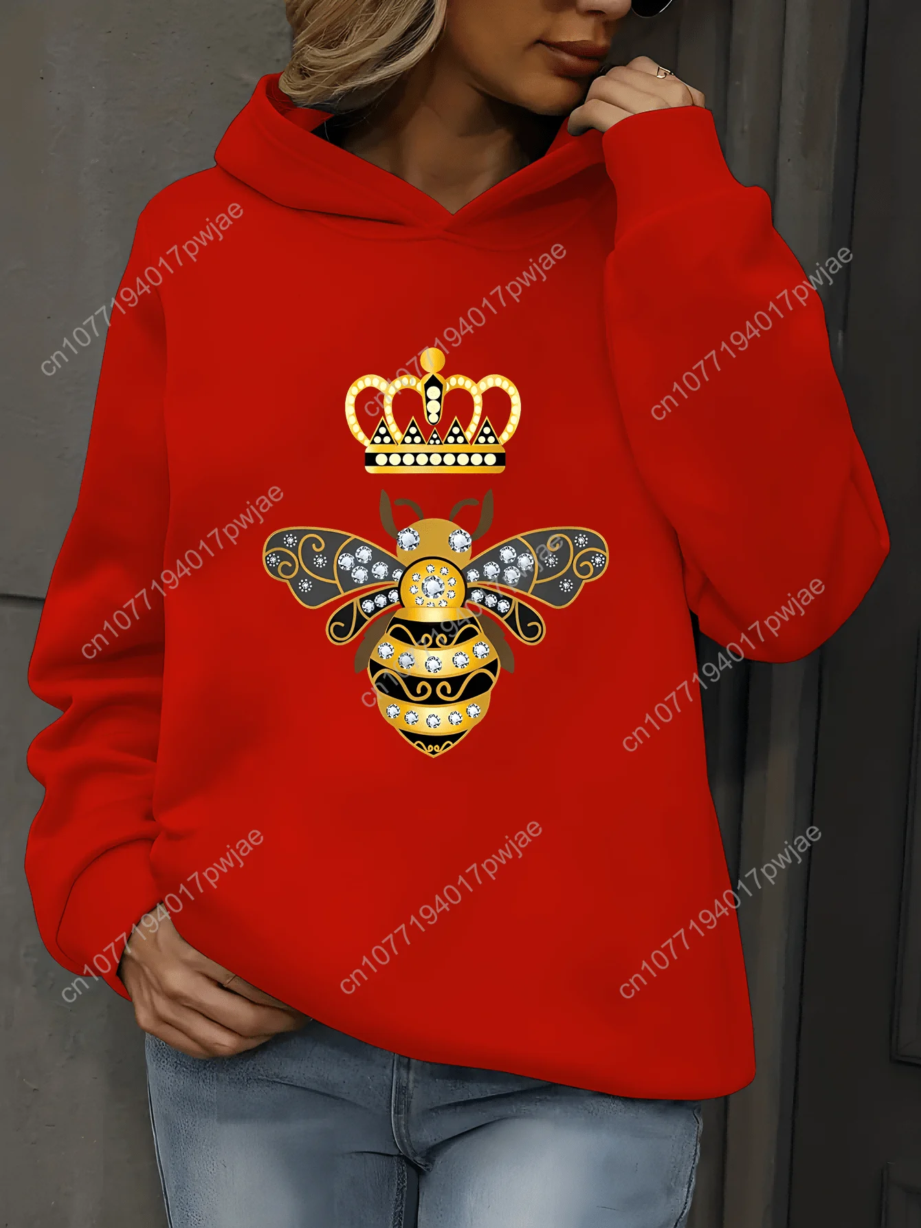 Moletom com capuz com estampa de abelha e coroa, moletom casual de manga comprida para outono e inverno, roupas femininas