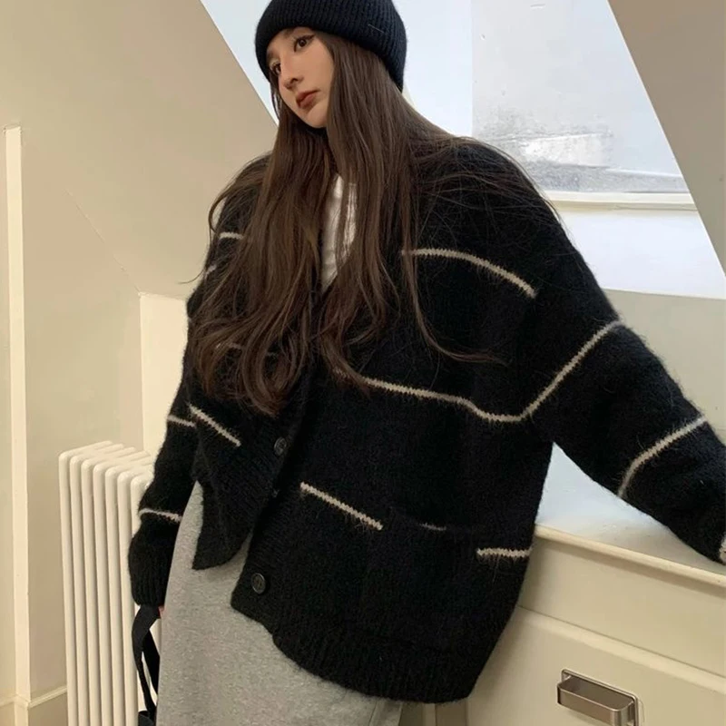 Lucyever Lazy Style Oversized Cardigan Sweater Women Autumn Winter Thick Warm Sweaters Coat Woman Striped Soft Knitted Cardigans