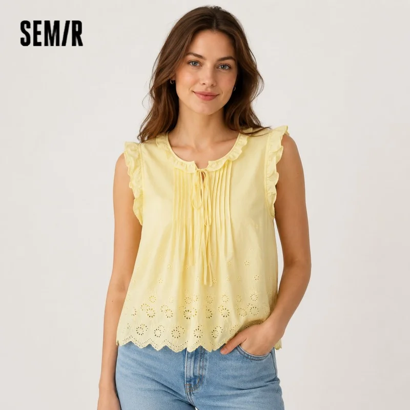 Semir Women Shirt Cotton Embroidered Bow Short Length Ruffle Lace Sweet Stylish 2026 Summer Casual Fashion Versatile Top