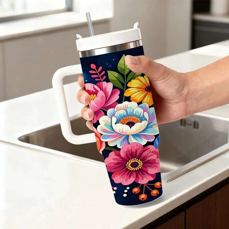 Vibrant Saturated Floral Digital Print 40Oz Stainless Steel Insulated Tumbler, Dark Blue Background with Whimsical Colorful Flower & Bokeh Design, Reusable Drink Cup for Daily Commute, Outdoor Trips & Office Use