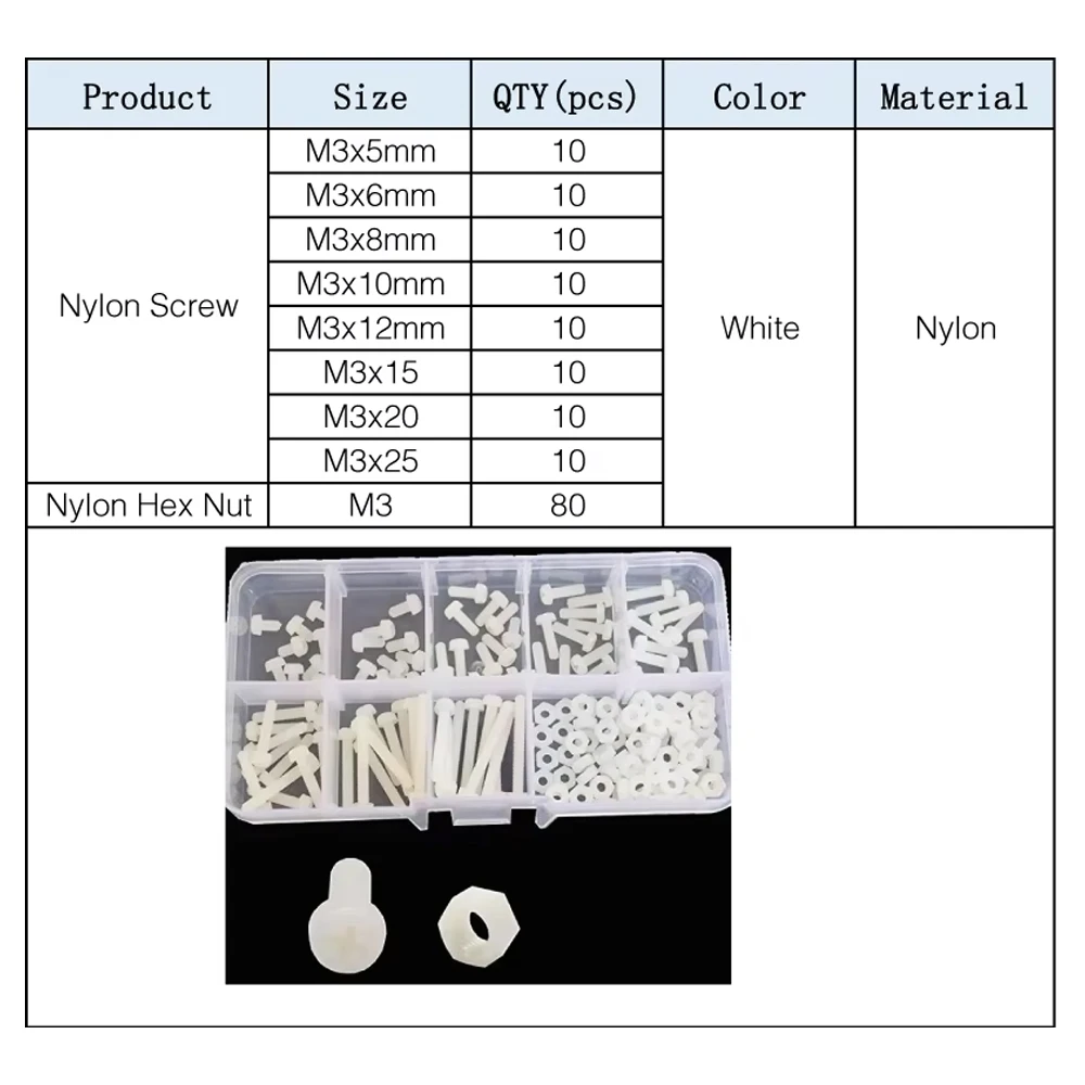 M2.5 M3 M4 M5 M6 Plastic Machine Screw Nut Washer Box White Nylon Phillipis Round Head Bolt Set Nylon Screw Classification Kit