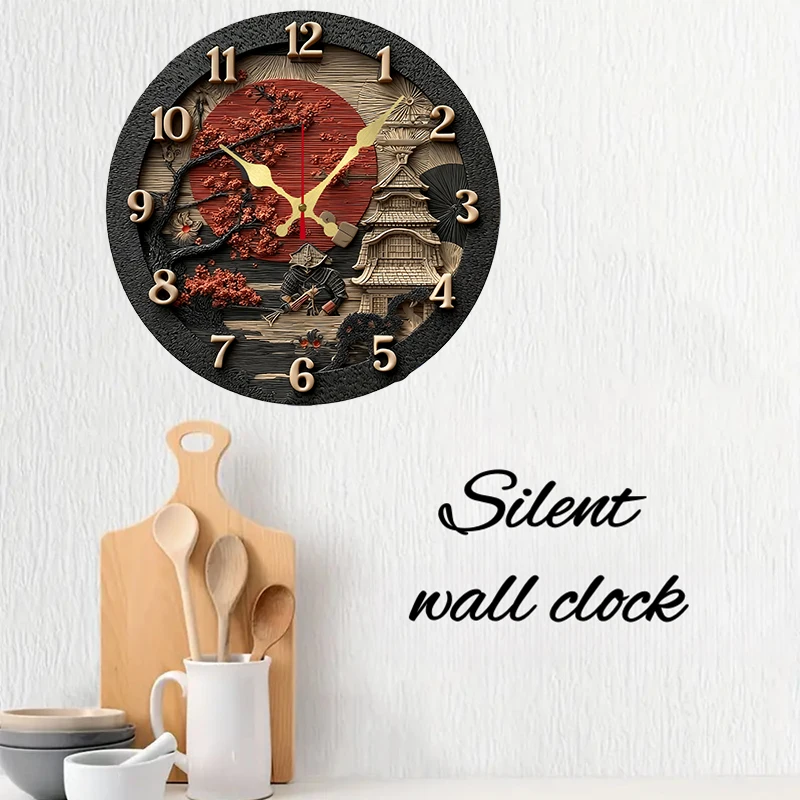 2D Samurai Themed Wooden Round Silent Hanging Wall Clock, Suitable For Living Room, Office, Study Room, Bedroom, Home Decoration view 3