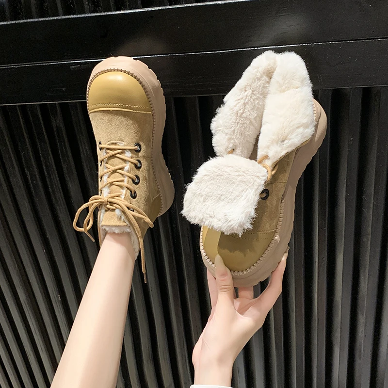 Winter Plush Women Motorcycle Snow Boots Elegant Thick Bottom Ladies Lace Up Short Booties Warm Cotton Women's Footwear