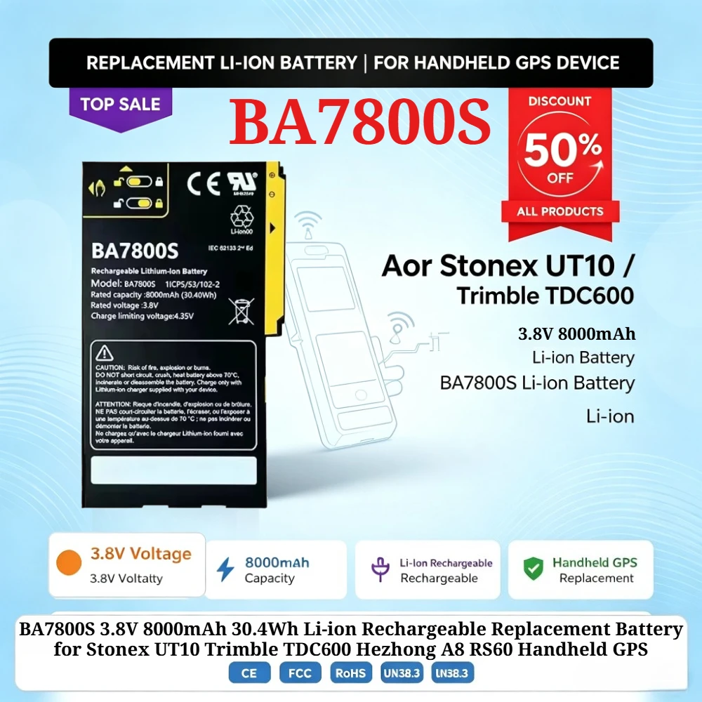 BA7800S 3.8V 8000mAh 30.4Wh Li-ion Rechargeable Replacement Battery for Stonex UT10 Trimble TDC600 Hezhong A8 RS60 Handheld GPS