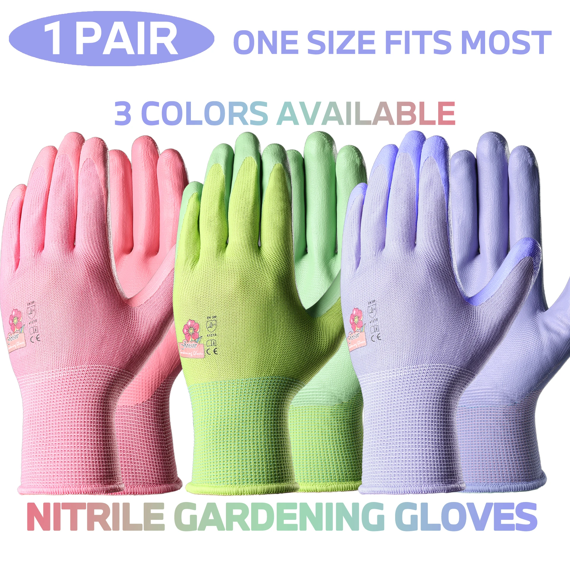 1 Pair, 3 Colors Available: Women’s Nitrile Garden Gloves for Digging, Planting, Weeding; Nail & Finger Protection