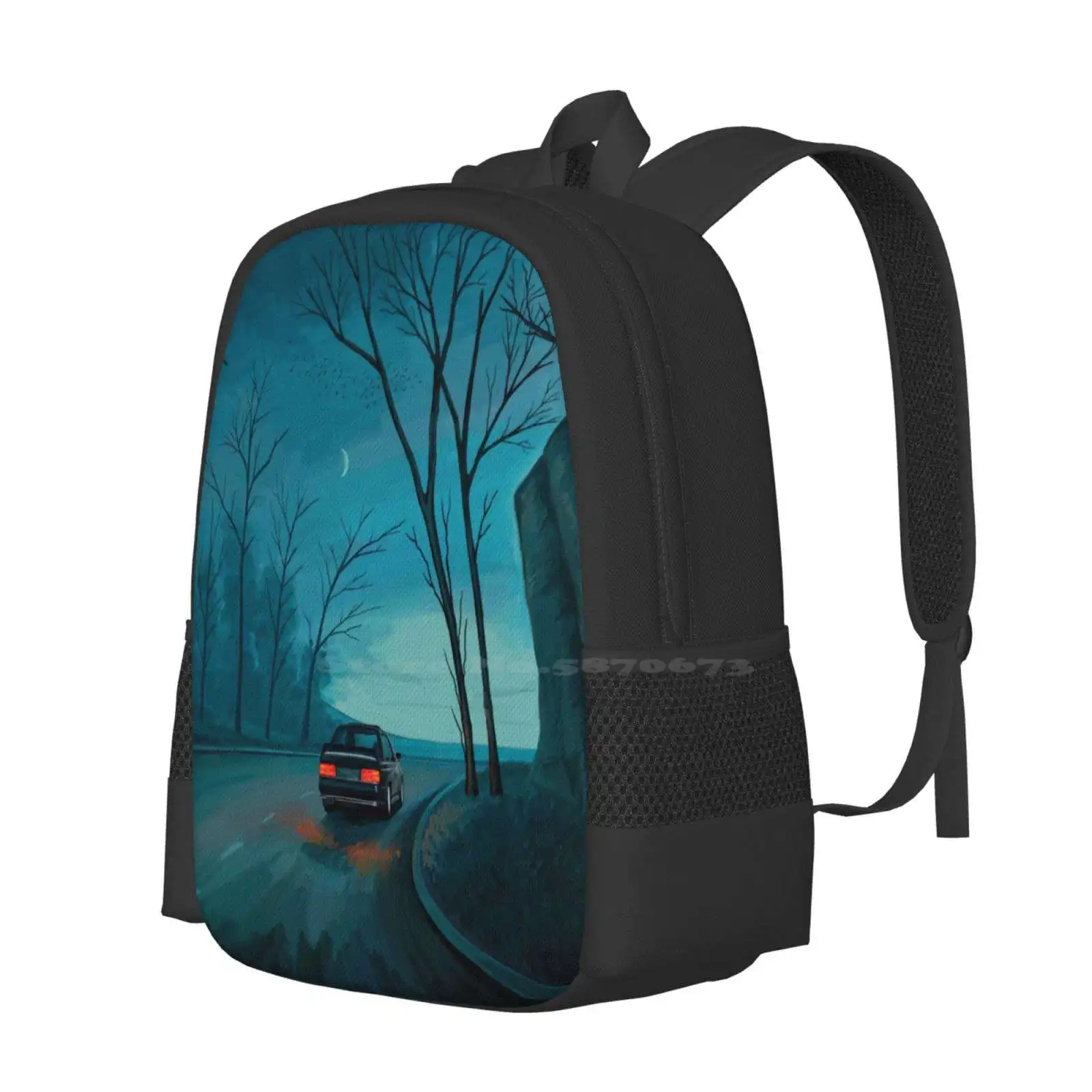 Mochila De paseo nocturno, bolsos de moda, paisaje nocturno, Luna, cielo azul, árboles rurales, naturaleza, bosque, negro, coche, carretera, gran oferta