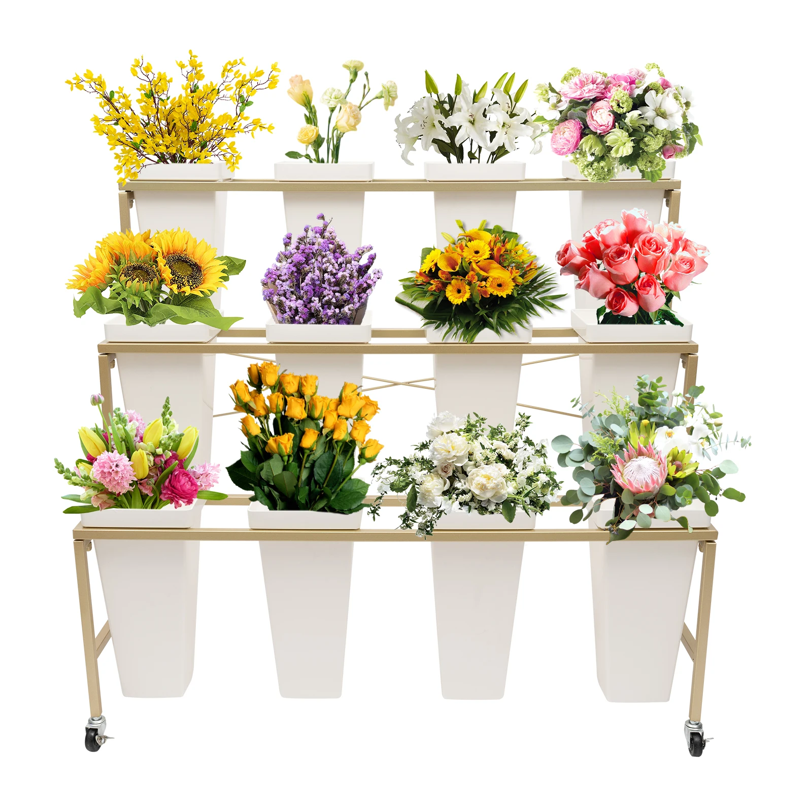 Flower Display Stand with 12PcsBuckets, 3 Layers Metal Plant Stand, Moving Florist Bouquet Shelf for Fresh Flower Shop