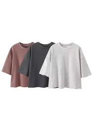 HH Women Vintage Solid T Shirts Short Sleeve O Neck T-Shirt Loose Casual Female 2024 New Fashion Basics Chic Top Tees