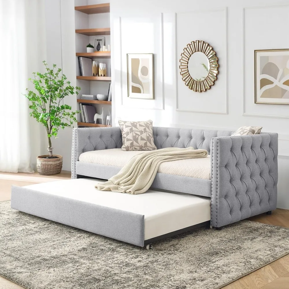 

Deposit Price Linen Upholstered Twin Daybed With Trundle And Tufted Button Sofa Frame, No Box Spring Needed - For Bedroom, Livin