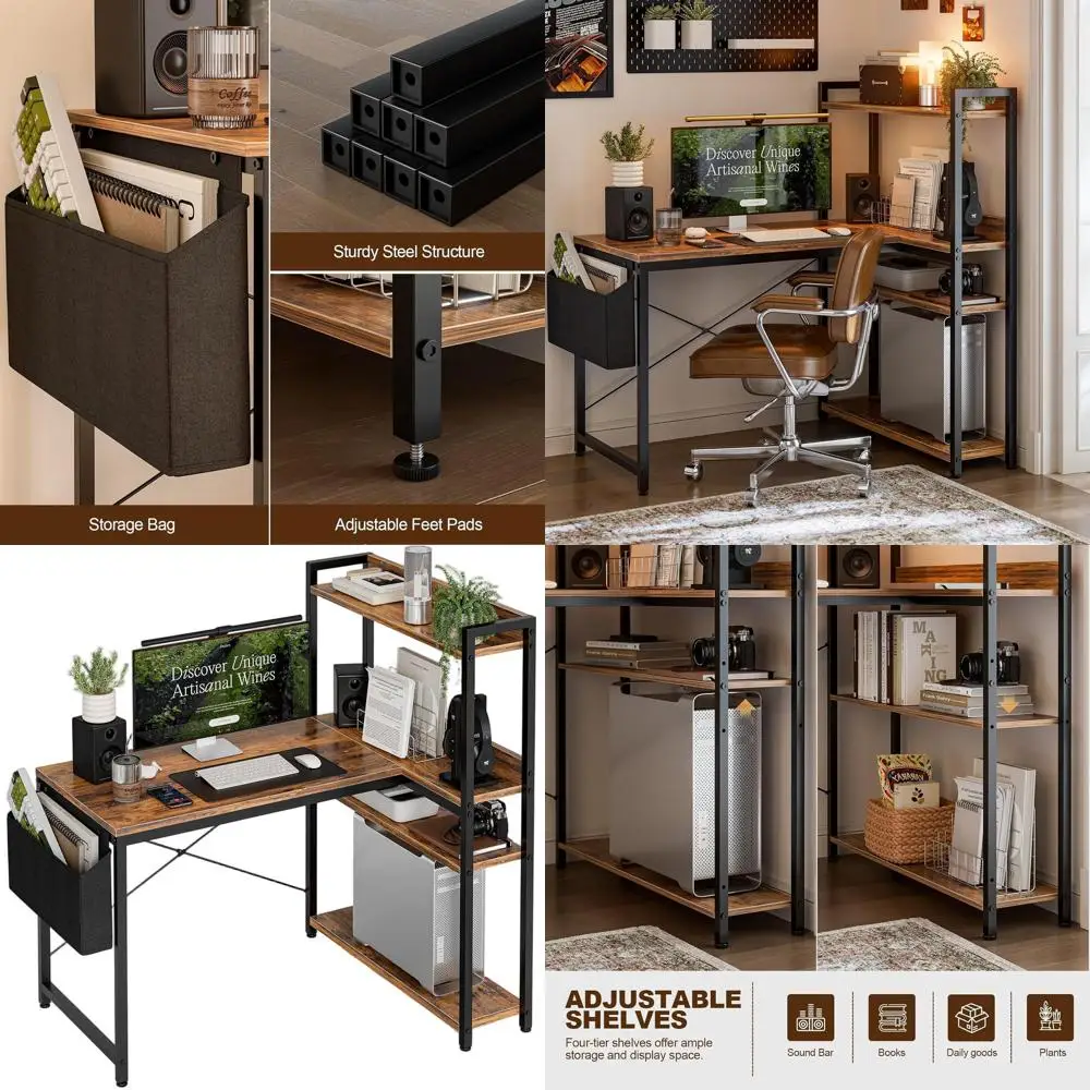 

47, L-образный угловой стол с двусторонними полками, письменный стол для домашнего офиса в деревенском стиле