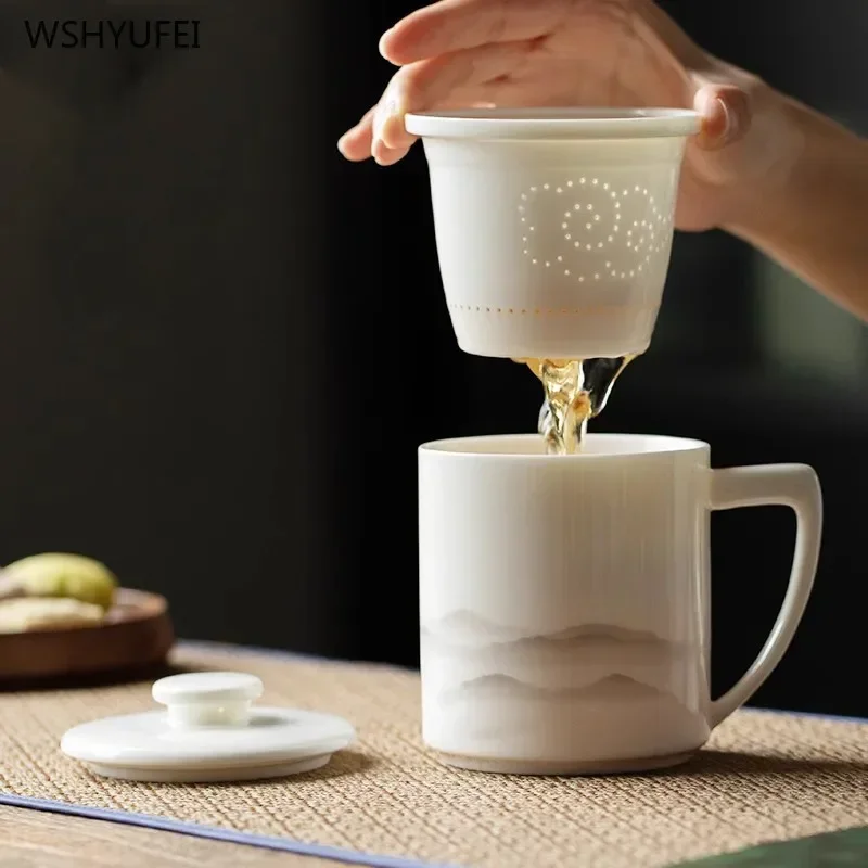 1pcs White porcelain cup Ceramic sheep fat jade tea cup Tea separation cup Office covered filter teacup 380ml