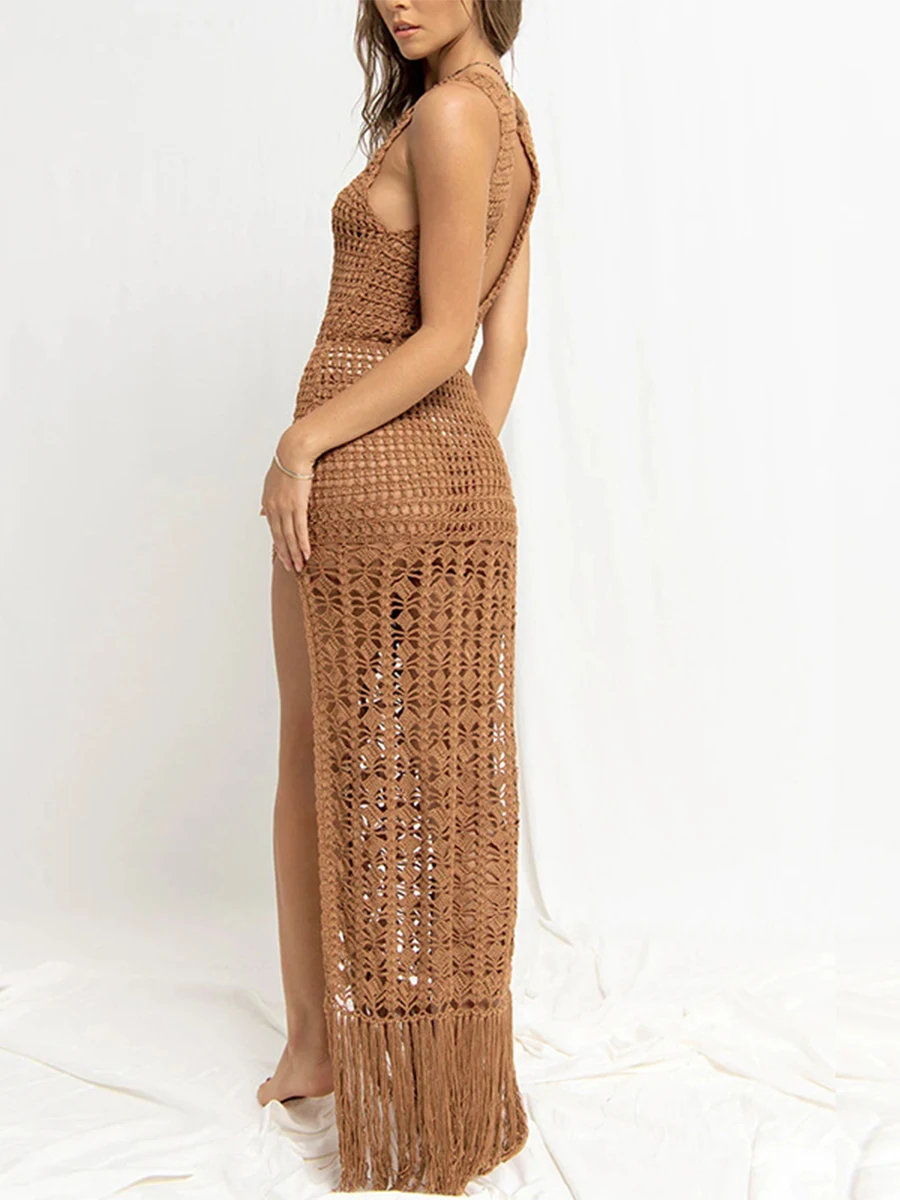 Jemeigar Crochet Knit Hollow out Maxi Dress Elegant See Through Beach Dress High Waist Sleeveless Swimwear Cover up Dress