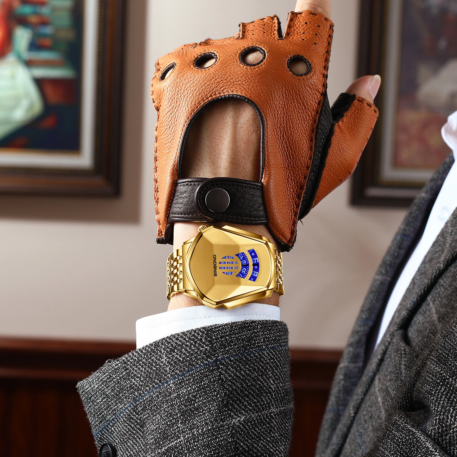 빈본드 01 패션 럭셔리 유니크 밀리터리 모터사이클 스테인리스 스틸 비즈니스 스포츠 남성용 골든 시계 스타일 컨셉 박스 포함