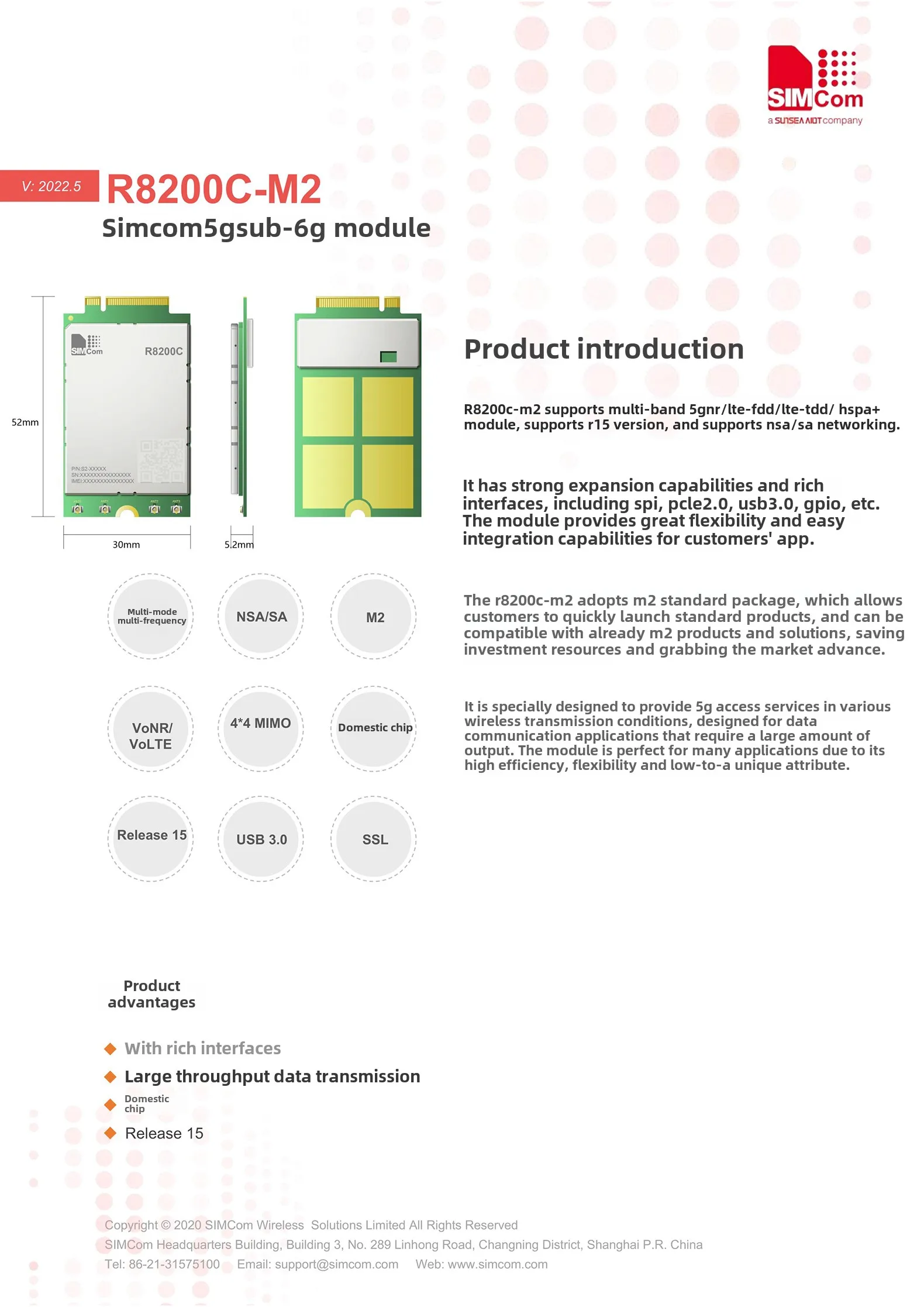 SIMCOM SIMCOM Internet delle cose Modulo di comunicazione 5G Pacchetto R8200C-PCIE Modulo M2 Piattaforma domestica