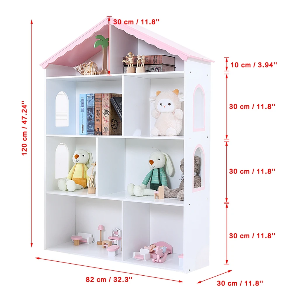 木製ドールハウス型本棚 子供部屋/プレイルーム用 おもちゃ収納オーガナイザー棚