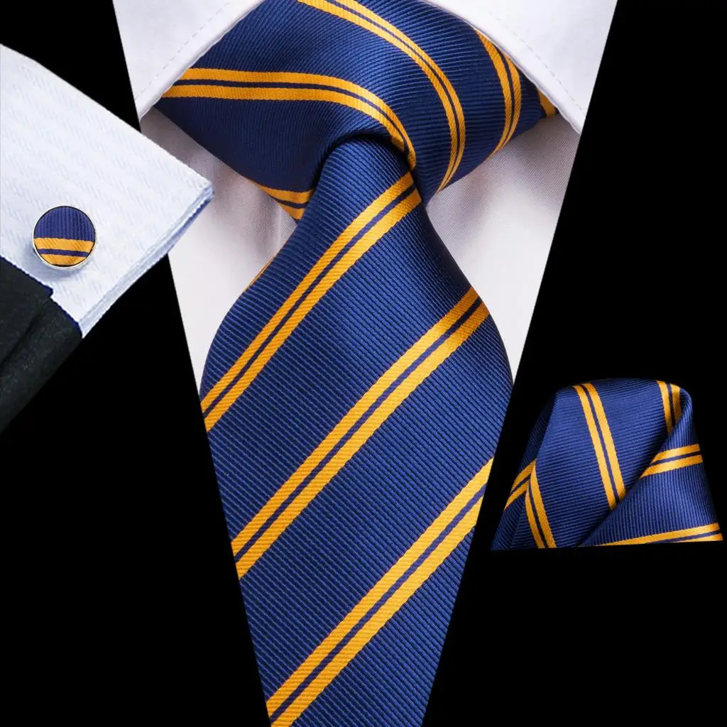 Blue Yellow Striped Silk Wedding Tie For Men Handky Cufflink Gift Men Necktie Fashion Designer Business Party Dropship Hi-Tie