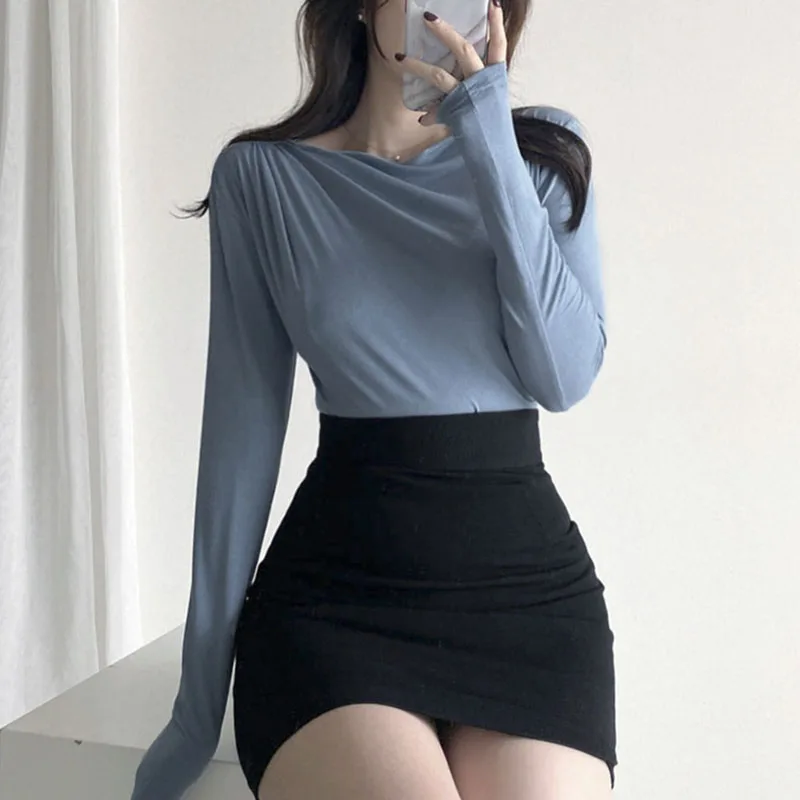 Spring Autumn Long Sleeve Tops Korean Fashion T Shirt Women Sexy Slash Neck Tee Shirt Female Black White T-shirt Ladies Tshirts