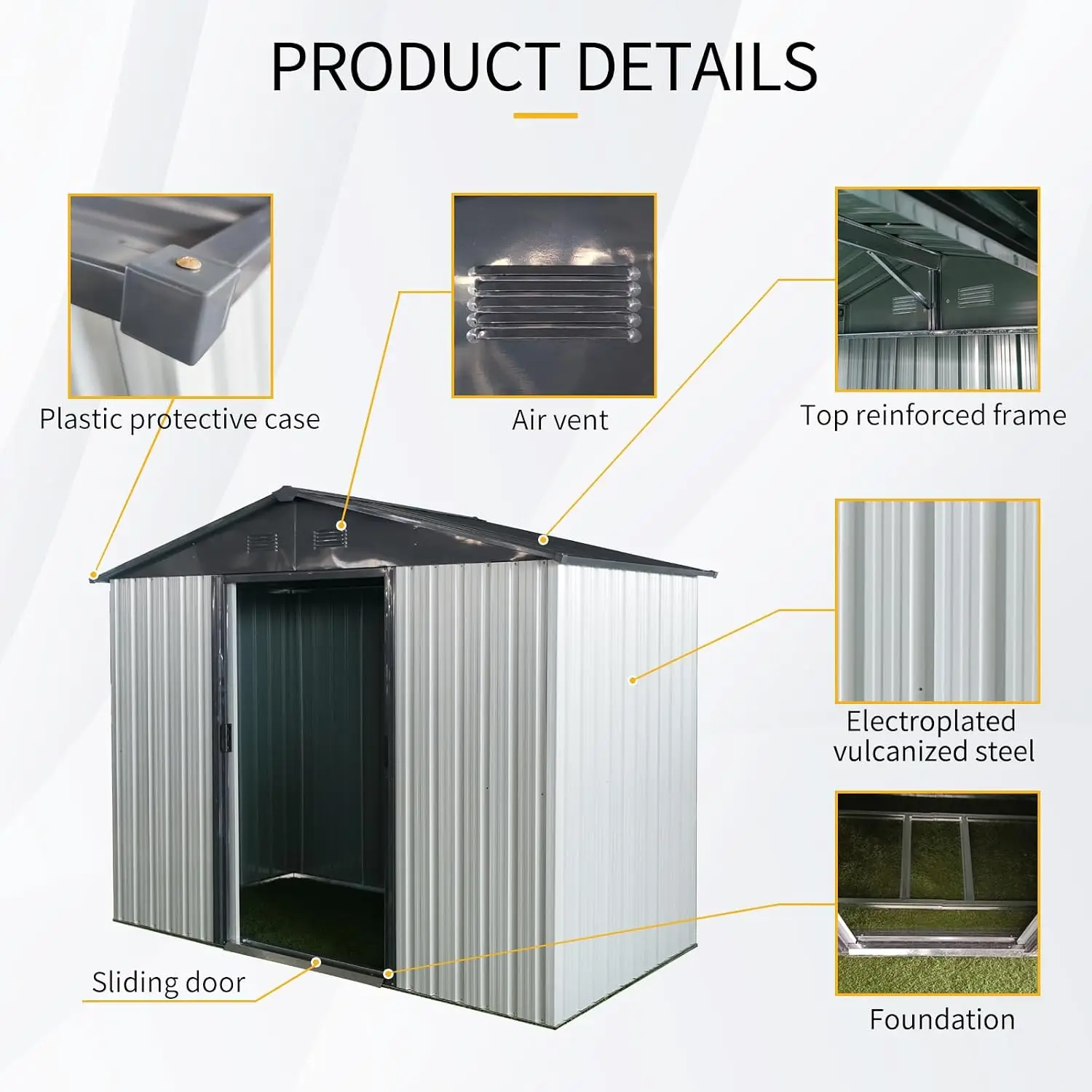 4x8 FT Metal Storage Shed with Frame Floor & Lockable Door, Waterproof Sloped Roof for Backyard Patio, White+Black, Customized