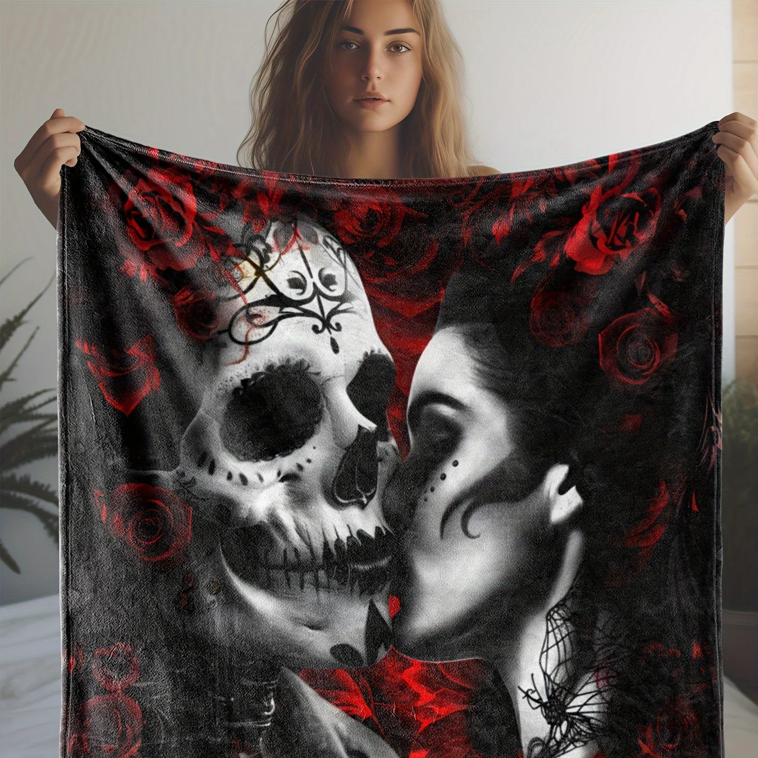 Gothic Skull Rose Flannel Blanket, Vintage Halloween Print Throw, Soft Warm All-Season for Home Decor, Unique Gothic Gift Idea