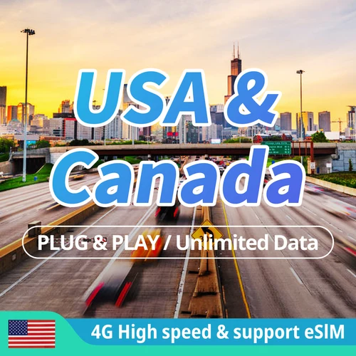 USA 및 CAN 고속 선불 USA SIM 카드, 무제한 데이터, 지지대 eSIM, 4G 