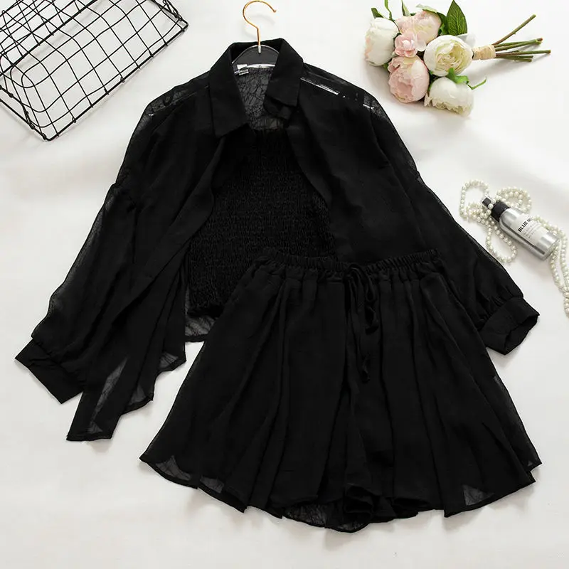 Summer Suit Fashion Suit Women\'s Three-piece Sling Top Sun Protection Coat Chiffon Wide-leg Shorts Women Shorts Suit Blazer Set