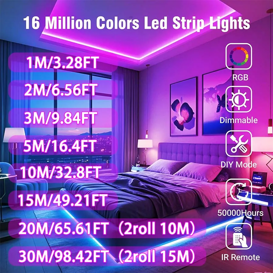 USB-powered LED strip light with 24-key remote control, app control, RGB color changing, suitable for home theaters and game roo