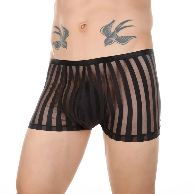 Fashion Striped Ultra-thin Boxer Shorts Mens Mesh Sheer Transparent Underwear Mid Waist Sexy Underpants Breathable Male Panties