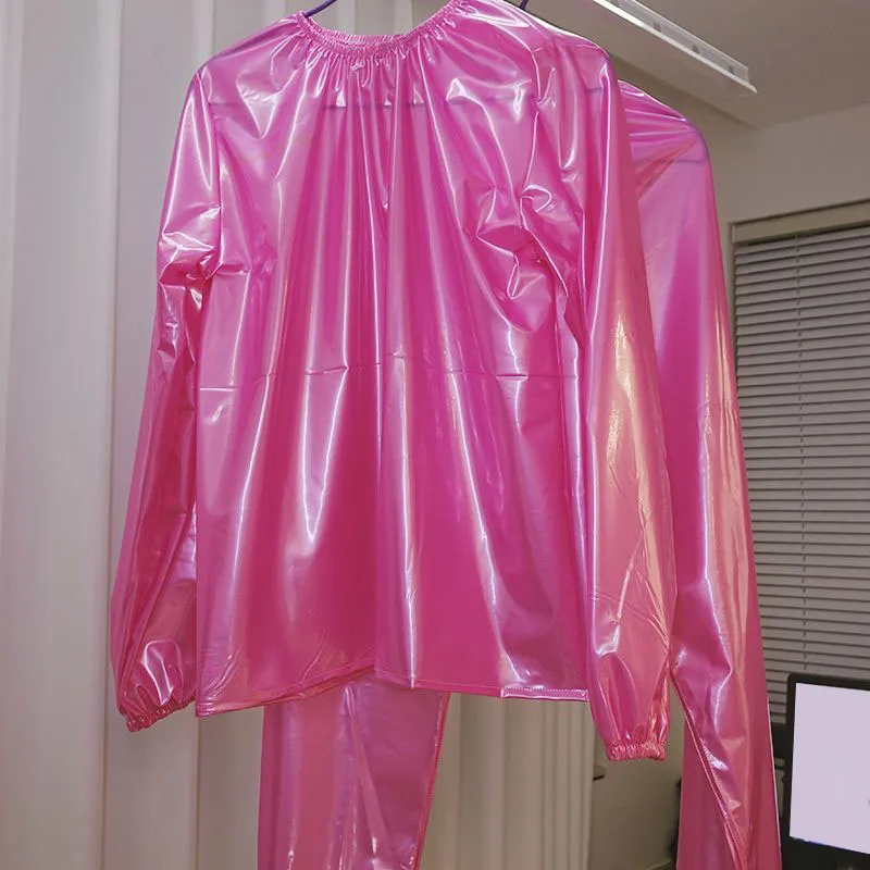 

Transparent Handmake Pink PVC Waterprpoof Pullovers With Trousers Suit O Neck Long Sleeve ABDL