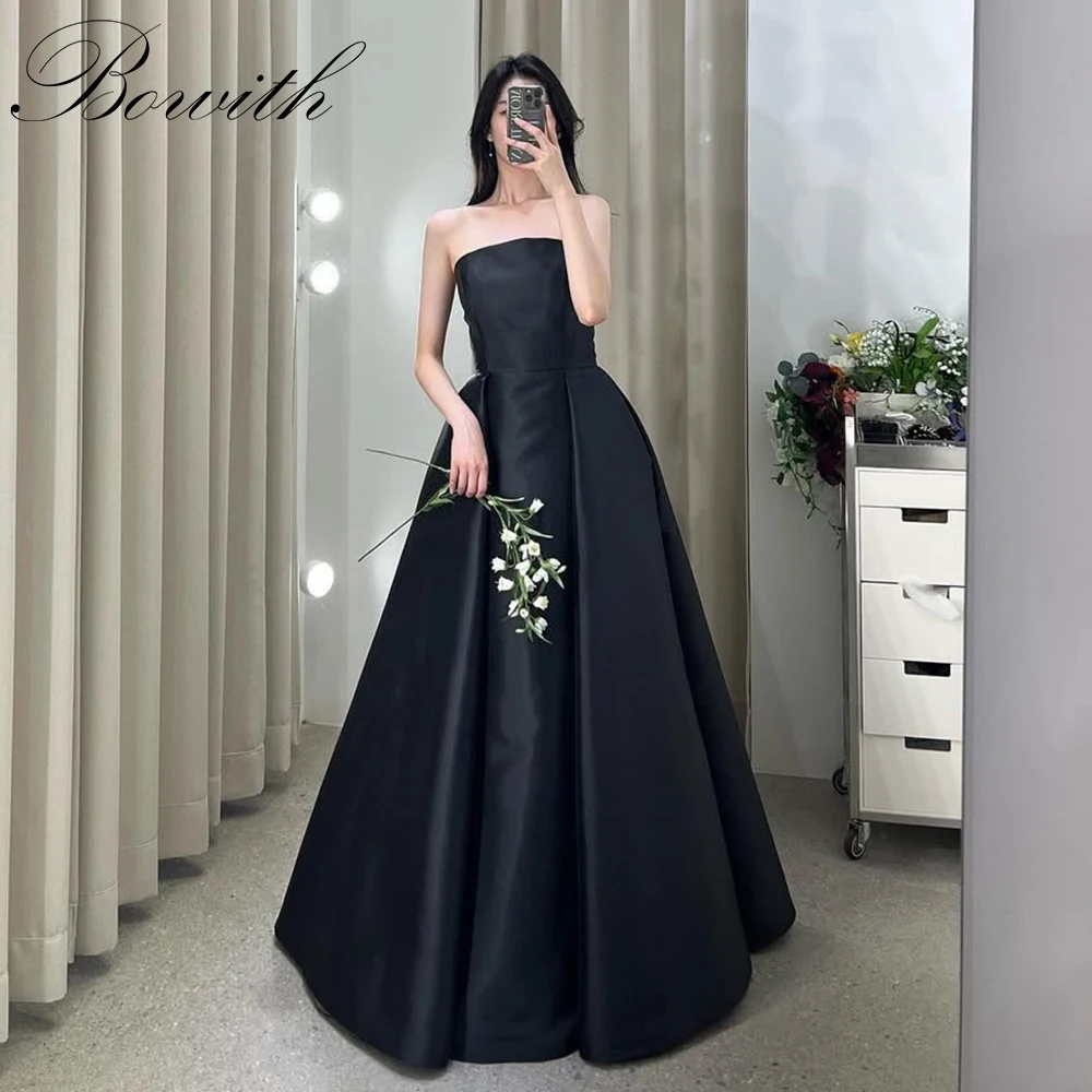 

Bowith Simple Black Satin Korean Wedding Dresses A-line Customized Strapless Evening Dresses Elegant Photo Shoot Dresses